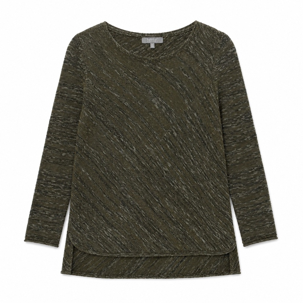 Habitat Olive Metallic Knit Sweater Tunic Top XS Asymmetrical Hem Artsy Boho